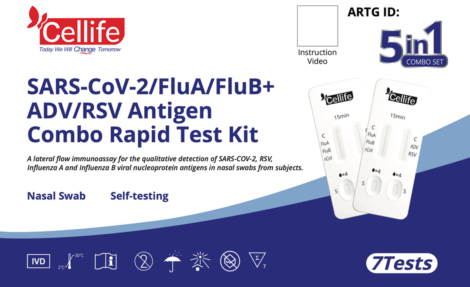 Cellife SARS-CoV-2/FluA/FluB+ADV/RSV Antigen Combo Rapid Test Kit (5 in 1) 1/4/7 Pack (pending TGA)